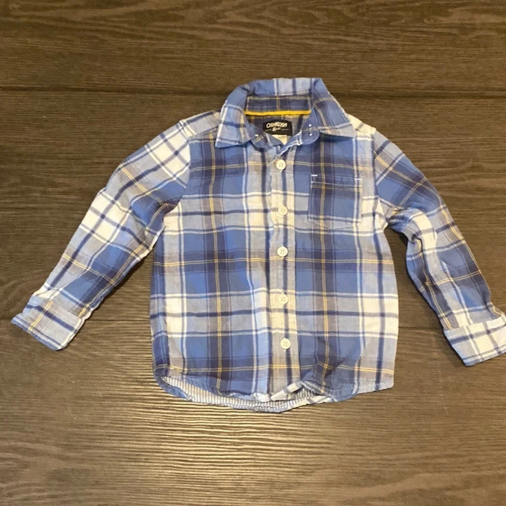 Osh Kosh button down long sleeve flannel. Size 2T. Blue/white plaid.